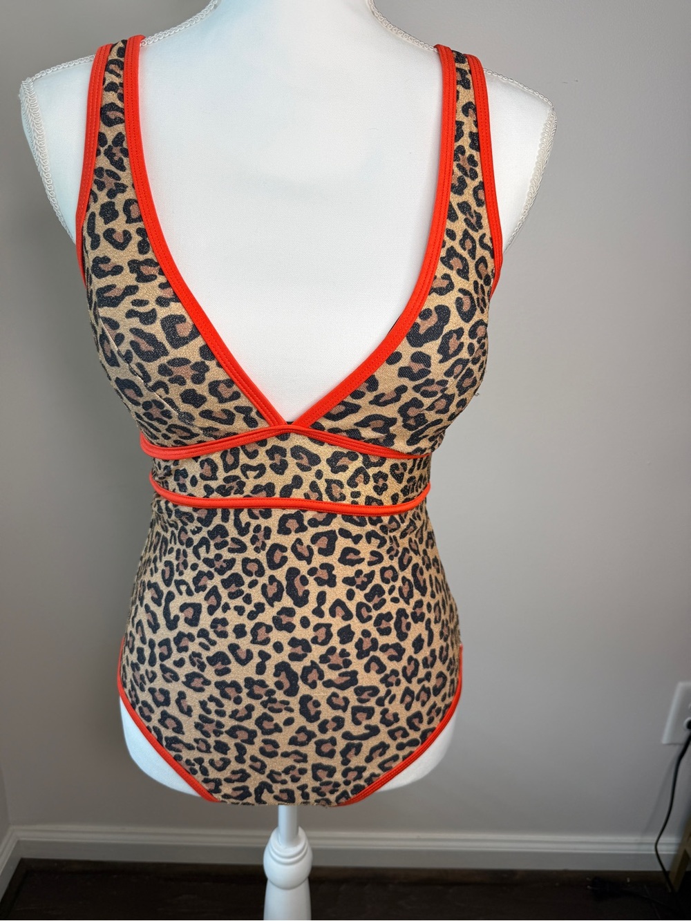 Leopard Print One-Piece Swimsuit with Orange Trim